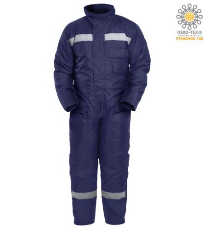 Tuta intera celle frigo, massima protezione dal freddo, tasche posteriori oversize, tasca sul petto, rinforzo sulle ginocchia, colore blu. Certificato CE, EN 342: 2004