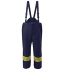 Pantaloni antincendio, bretelle non staccabili, vita elasticizzata, chiusura a rilascio rapido, colore blu navy. Certificato EN 469 POFB31.BL