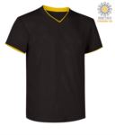 T-Shirt manica corta scollo a V, colletto interno e fondo manica in contrasto, colore nero e giallo JR992034.NE